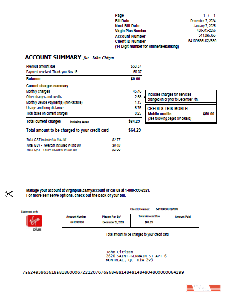 Canada Virgin Plus utility bill template in Word and PDF formats